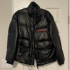 Prada Black Puffer Coat with Red Logo Accent
